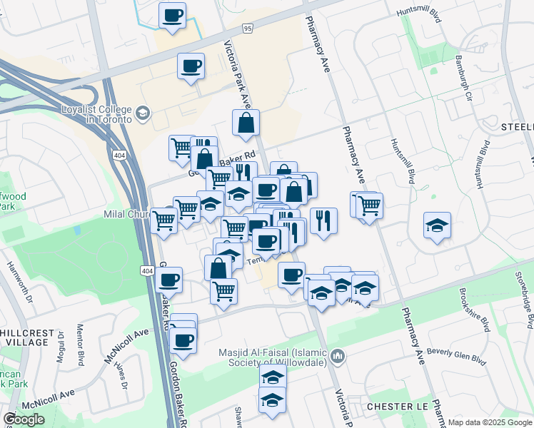 map of restaurants, bars, coffee shops, grocery stores, and more near 3650 Victoria Park Avenue in Toronto