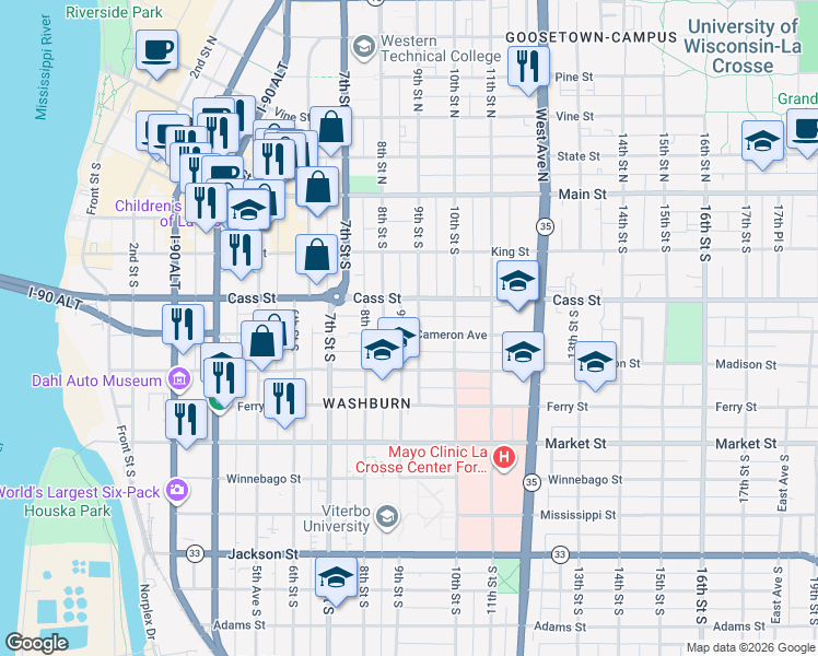 map of restaurants, bars, coffee shops, grocery stores, and more near 329 9th Street South in La Crosse