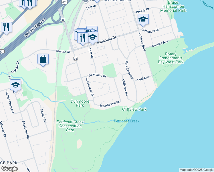map of restaurants, bars, coffee shops, grocery stores, and more near 533 Creekview Circle in Pickering