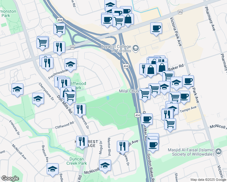 map of restaurants, bars, coffee shops, grocery stores, and more near 67 Hollyberry Trail in Toronto