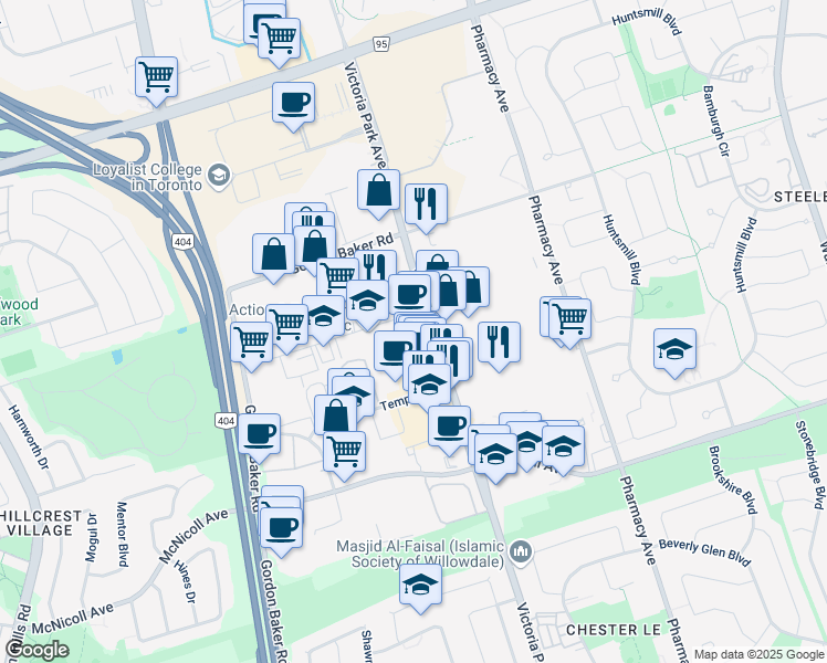 map of restaurants, bars, coffee shops, grocery stores, and more near 3620 Victoria Park Avenue in Toronto