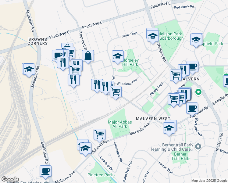 map of restaurants, bars, coffee shops, grocery stores, and more near 1 Crow Trail in Toronto