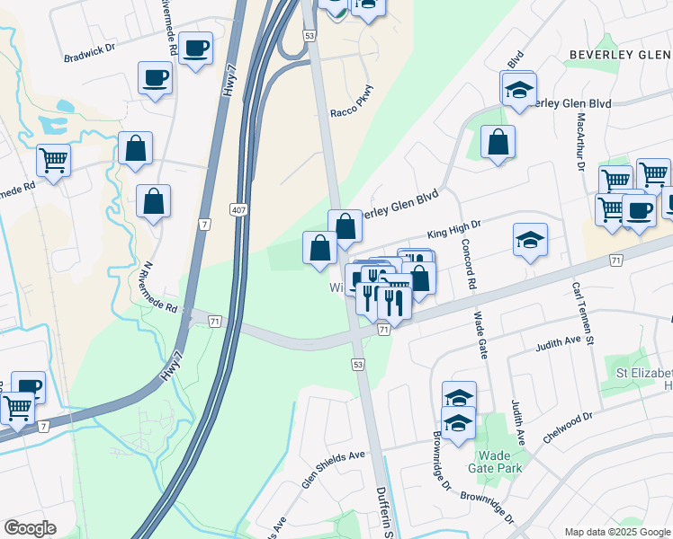 map of restaurants, bars, coffee shops, grocery stores, and more near 7868 Dufferin Street in Vaughan