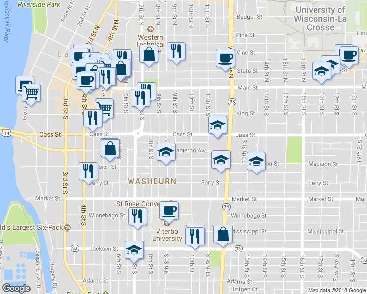 map of restaurants, bars, coffee shops, grocery stores, and more near 933 Cameron Avenue in La Crosse