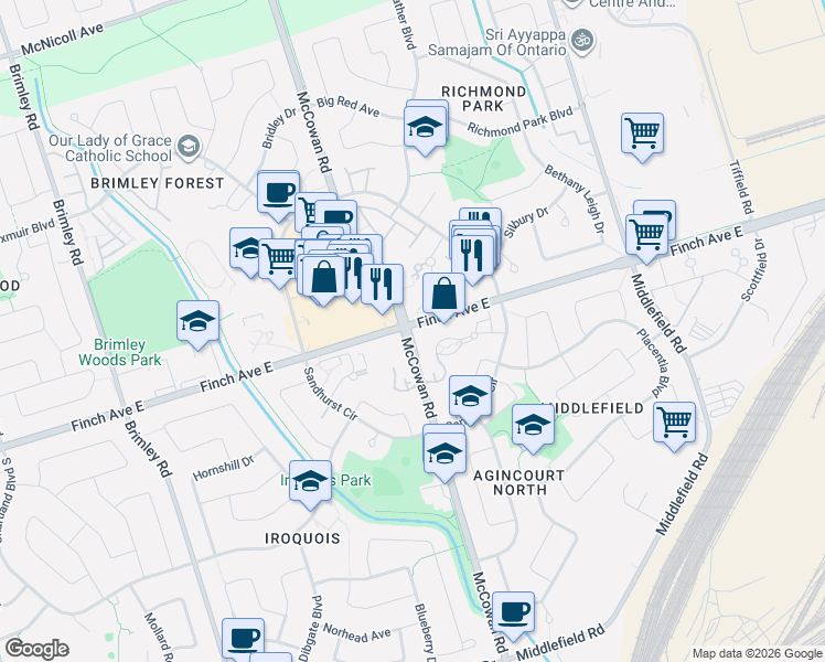map of restaurants, bars, coffee shops, grocery stores, and more near 5039 Finch Avenue East in Toronto