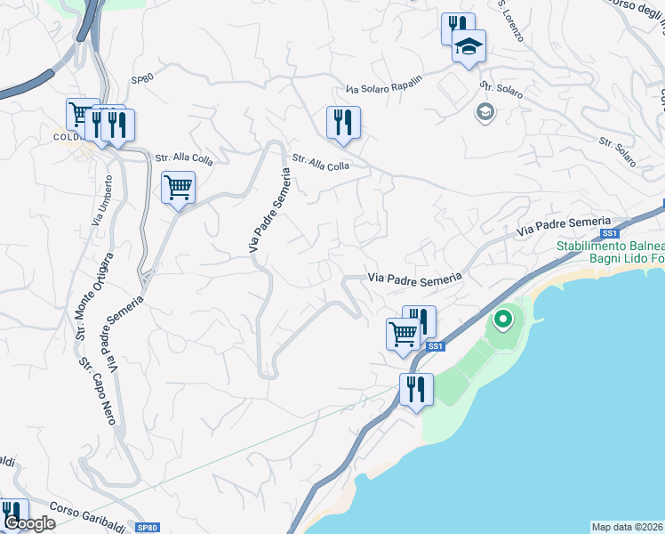 map of restaurants, bars, coffee shops, grocery stores, and more near 398 Via Padre Semeria in Sanremo