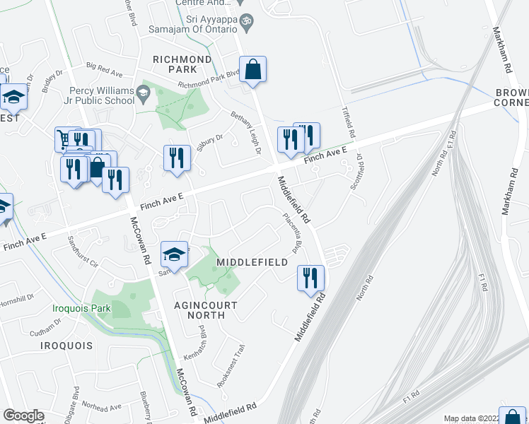 map of restaurants, bars, coffee shops, grocery stores, and more near 146 Placentia Boulevard in Toronto