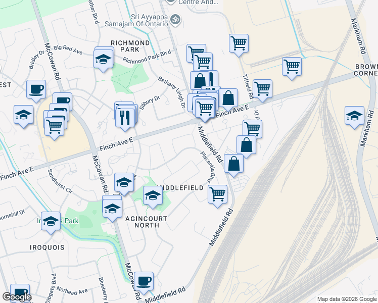 map of restaurants, bars, coffee shops, grocery stores, and more near 146 Placentia Boulevard in Toronto