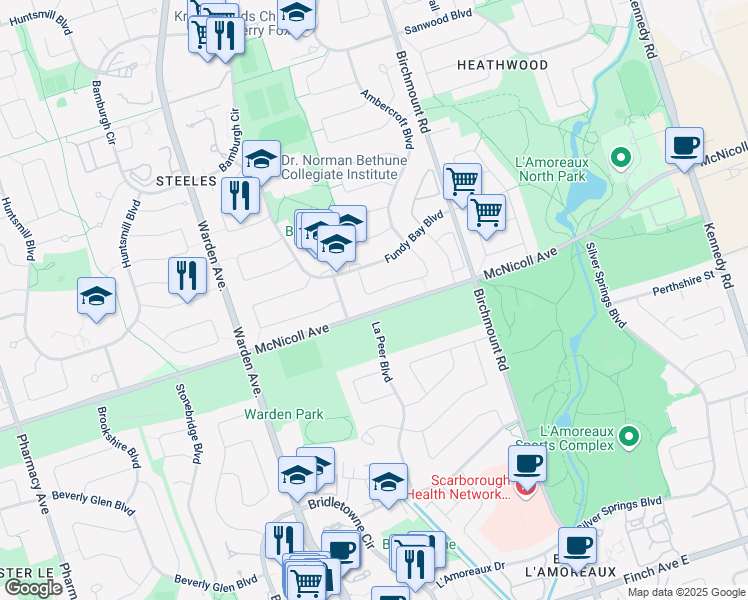 map of restaurants, bars, coffee shops, grocery stores, and more near 35 Hawkshead Crescent in Toronto