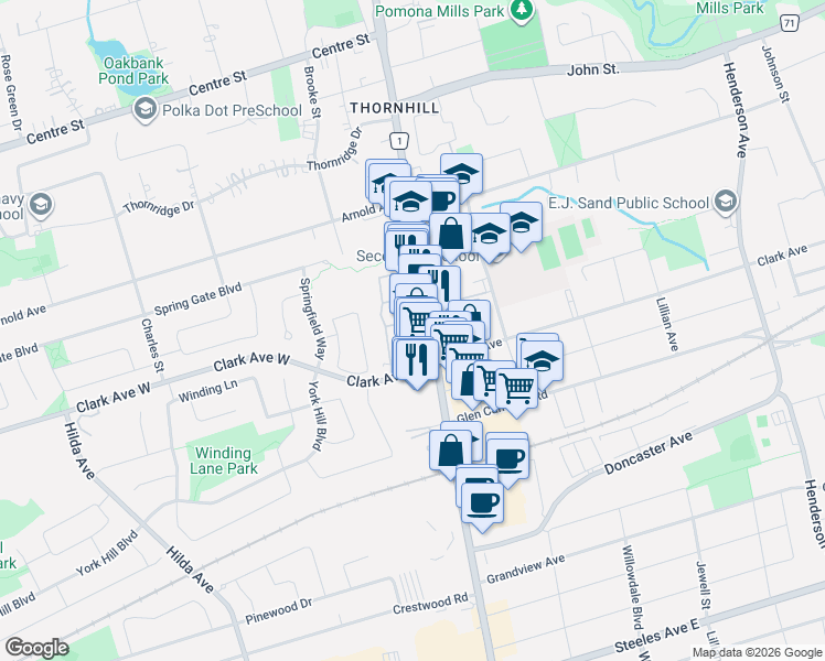 map of restaurants, bars, coffee shops, grocery stores, and more near 7378 Yonge Street in Vaughan