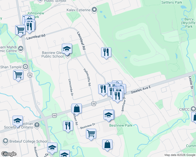 map of restaurants, bars, coffee shops, grocery stores, and more near 17 Hammok Crescent in Markham
