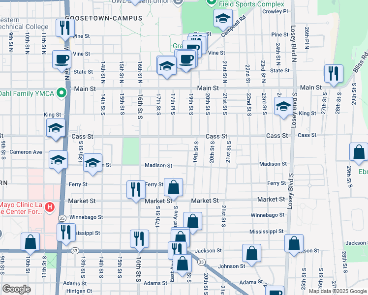 map of restaurants, bars, coffee shops, grocery stores, and more near 1820 Cameron Avenue in La Crosse