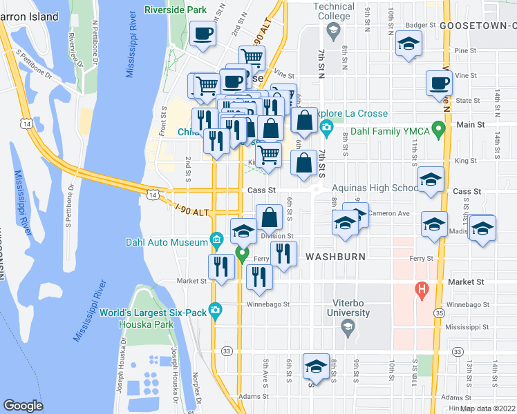 map of restaurants, bars, coffee shops, grocery stores, and more near 414 Cameron Avenue in La Crosse