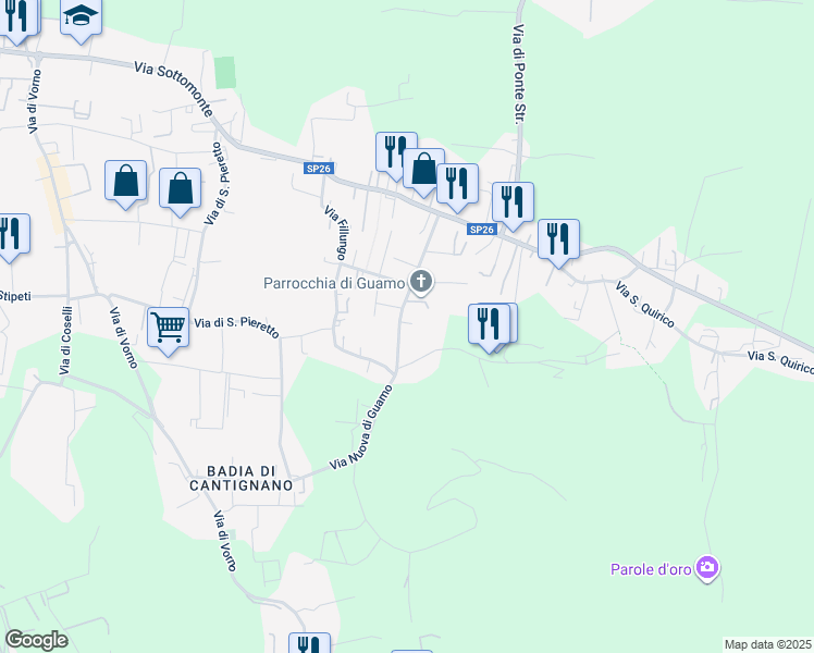 map of restaurants, bars, coffee shops, grocery stores, and more near 9 Via Nuova di Guamo in Capannori