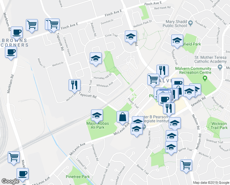 map of restaurants, bars, coffee shops, grocery stores, and more near 73 Horseley Hill Drive in Toronto