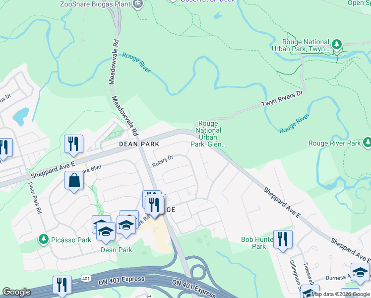 map of restaurants, bars, coffee shops, grocery stores, and more near 8 Roscoe Road in Toronto