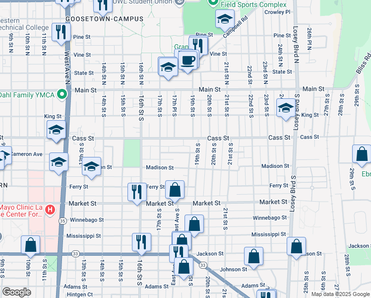 map of restaurants, bars, coffee shops, grocery stores, and more near 1820 Cameron Avenue in La Crosse