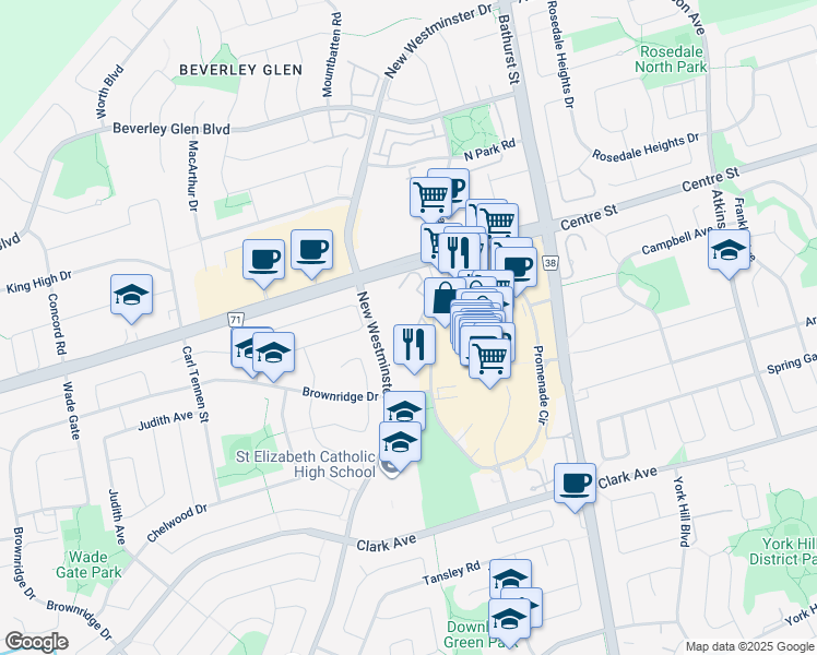 map of restaurants, bars, coffee shops, grocery stores, and more near 110 Promenade Circle in Vaughan