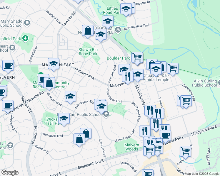 map of restaurants, bars, coffee shops, grocery stores, and more near 271 John Tabor Trail in Toronto