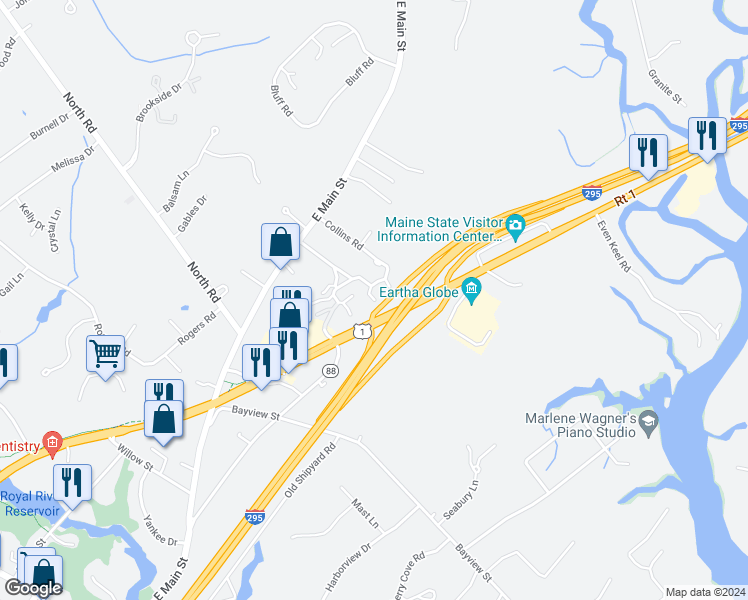 map of restaurants, bars, coffee shops, grocery stores, and more near 6 Juniper Ledge in Yarmouth