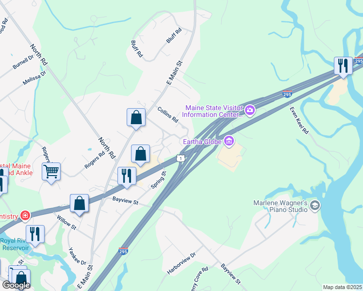 map of restaurants, bars, coffee shops, grocery stores, and more near 10 Juniper Ledge in Yarmouth