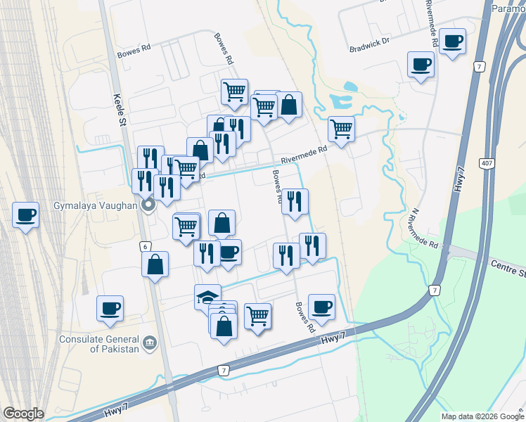 map of restaurants, bars, coffee shops, grocery stores, and more near 248 Bowes Road in Vaughan