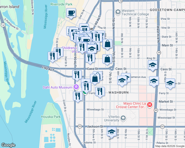 map of restaurants, bars, coffee shops, grocery stores, and more near 420 5th Avenue South in La Crosse