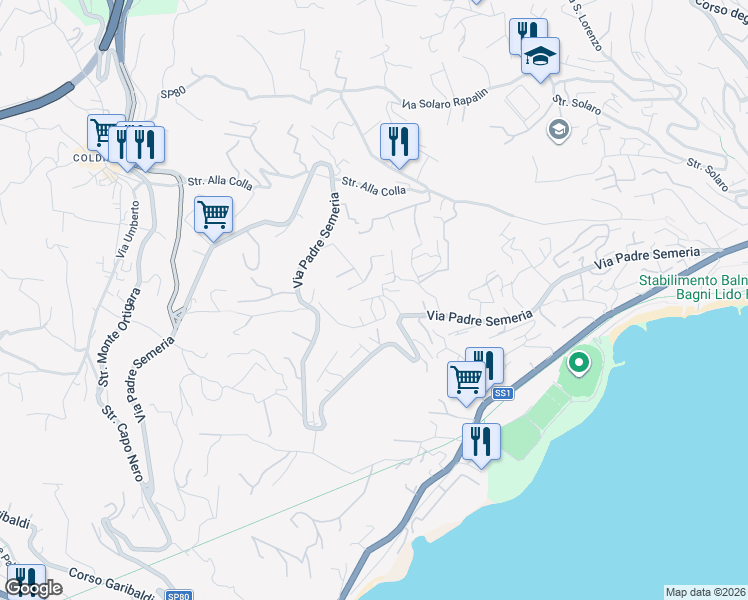 map of restaurants, bars, coffee shops, grocery stores, and more near 398 Via Padre Semeria in Sanremo