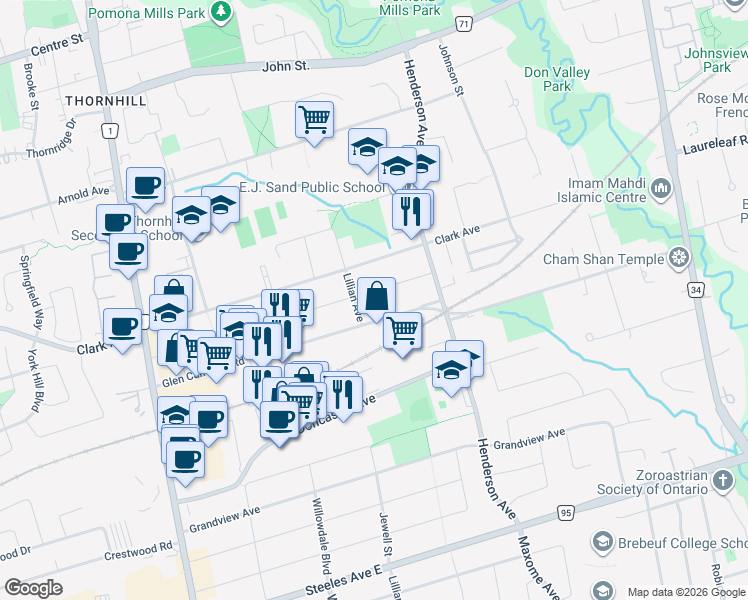 map of restaurants, bars, coffee shops, grocery stores, and more near 105 Morgan Avenue in Markham