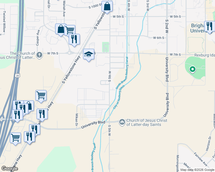 map of restaurants, bars, coffee shops, grocery stores, and more near 893 South 5th West in Rexburg