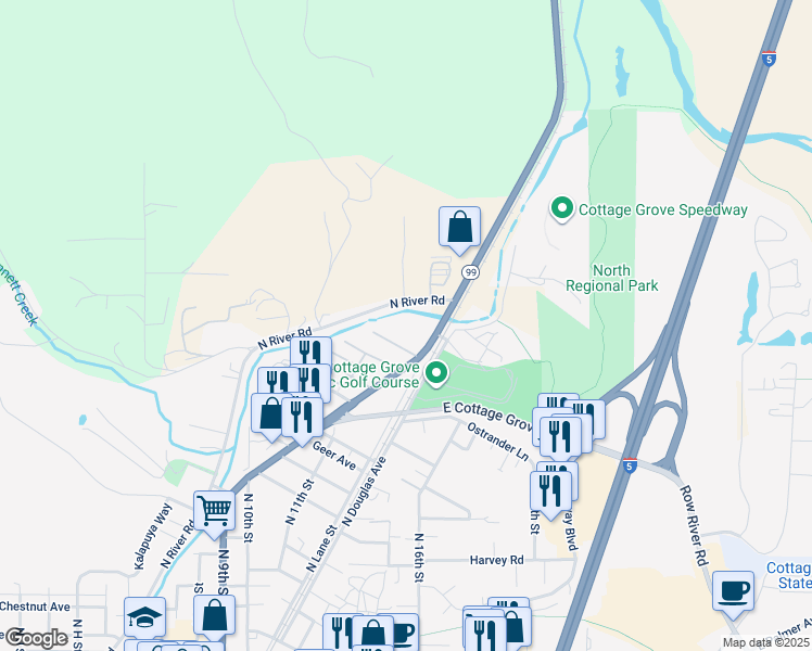 map of restaurants, bars, coffee shops, grocery stores, and more near 1661 North Pacific Highway in Cottage Grove
