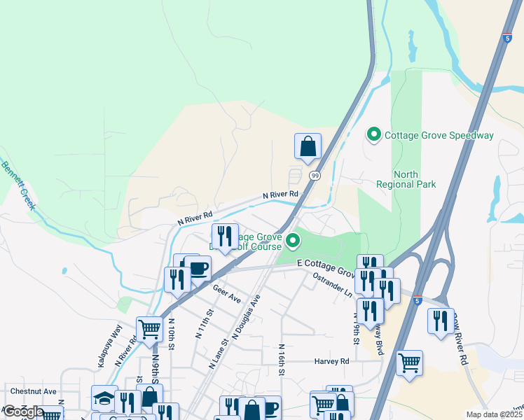 map of restaurants, bars, coffee shops, grocery stores, and more near 1661 North Pacific Highway in Cottage Grove