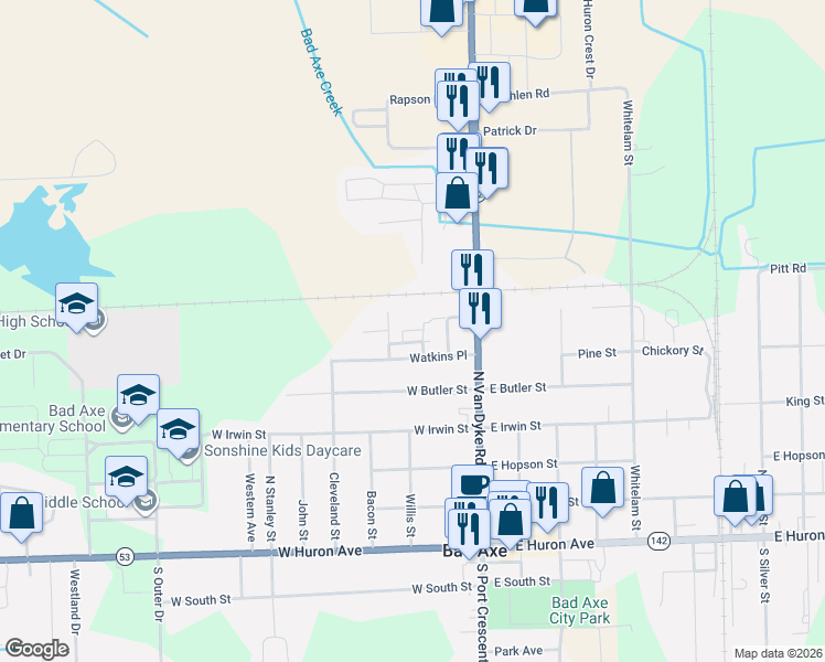 map of restaurants, bars, coffee shops, grocery stores, and more near 161 Watkins Place in Bad Axe