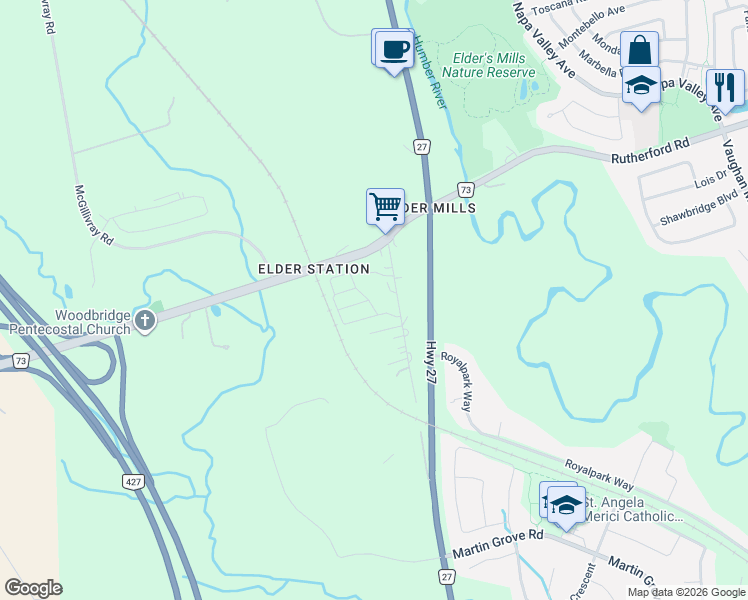 map of restaurants, bars, coffee shops, grocery stores, and more near 27 Paradox Street in Vaughan