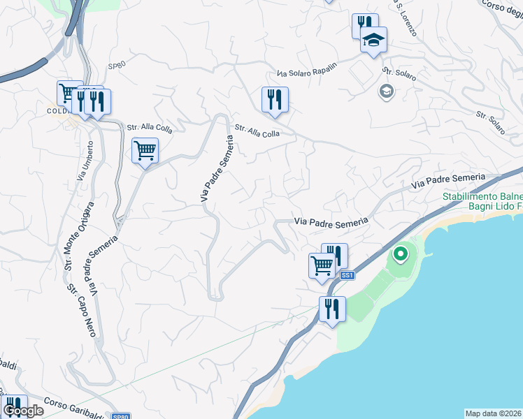map of restaurants, bars, coffee shops, grocery stores, and more near 398 Via Padre Semeria in Sanremo