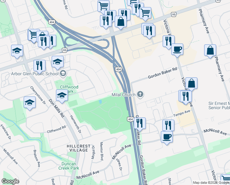 map of restaurants, bars, coffee shops, grocery stores, and more near 101 Hollyberry Trail in Toronto