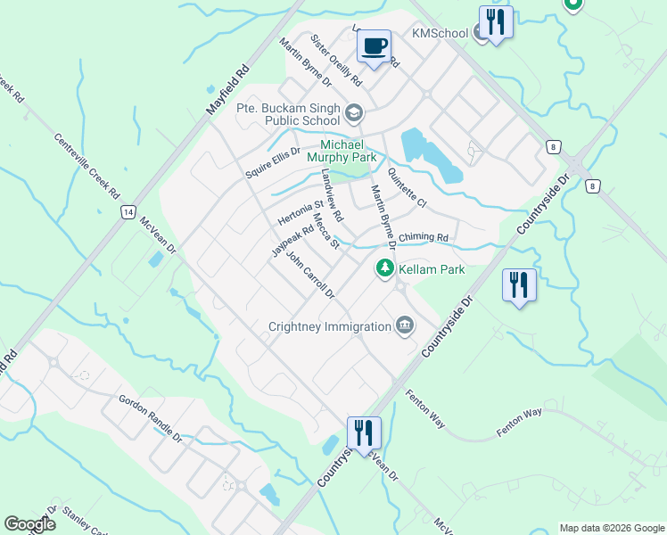 map of restaurants, bars, coffee shops, grocery stores, and more near 39 Carl Finlay Drive in Brampton