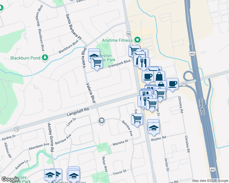 map of restaurants, bars, coffee shops, grocery stores, and more near 89 Bourbon Street in Vaughan
