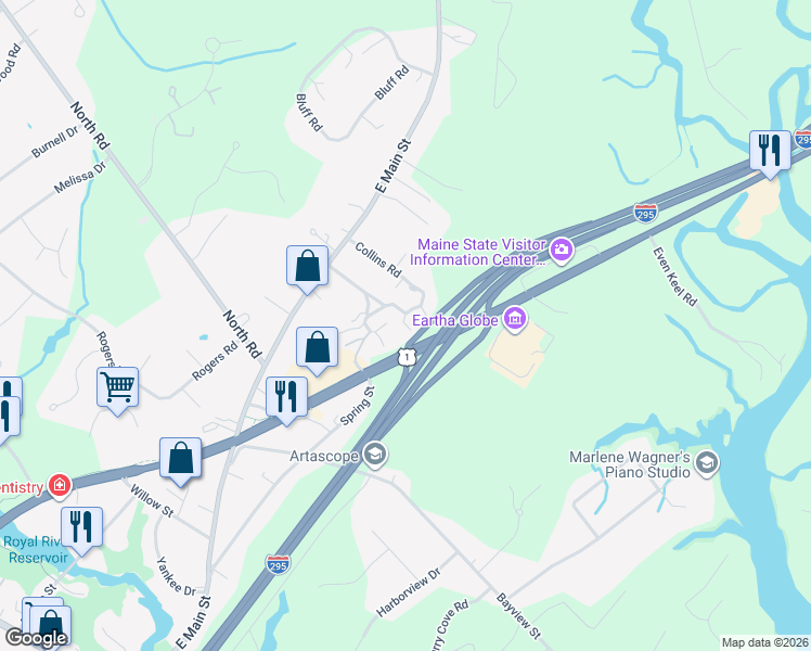 map of restaurants, bars, coffee shops, grocery stores, and more near 24 Juniper Ledge in Yarmouth