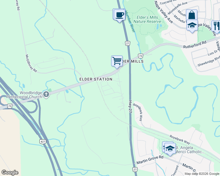 map of restaurants, bars, coffee shops, grocery stores, and more near 20 Di Benedetto Lane in Vaughan