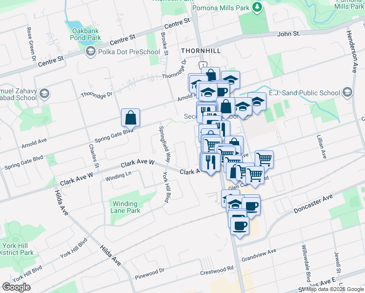 map of restaurants, bars, coffee shops, grocery stores, and more near 47 Brownstone Circle in Vaughan
