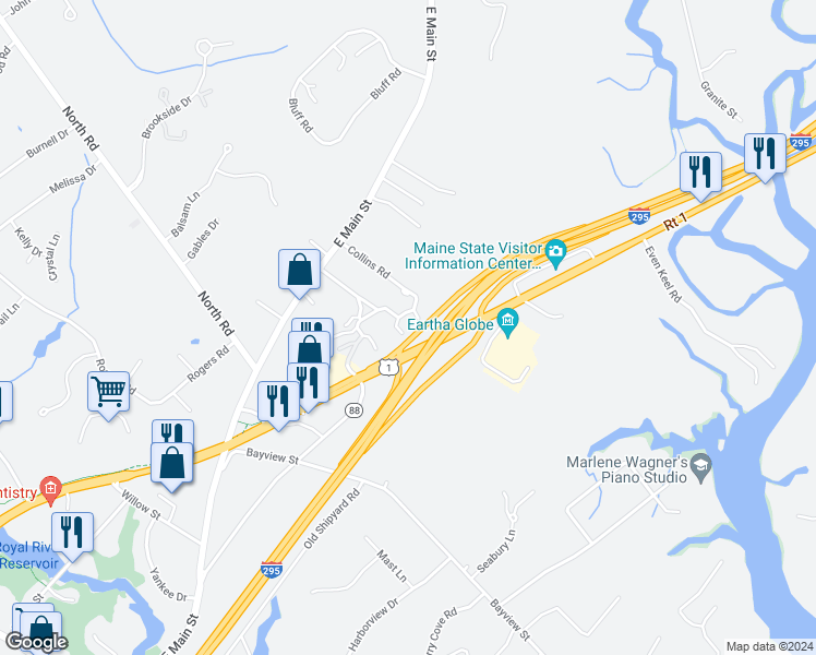 map of restaurants, bars, coffee shops, grocery stores, and more near 2 Juniper Ledge in Yarmouth