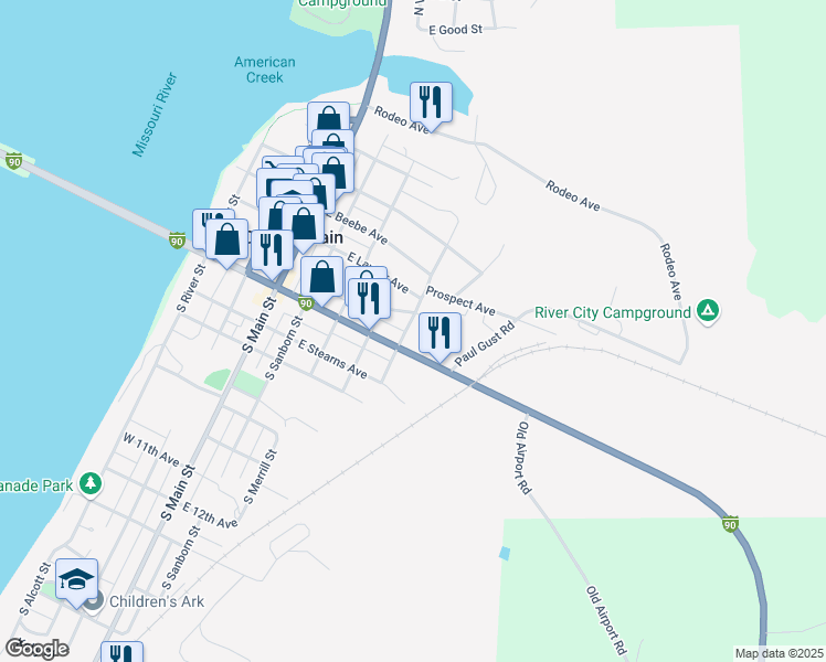 map of restaurants, bars, coffee shops, grocery stores, and more near 501-599 E King St in Chamberlain