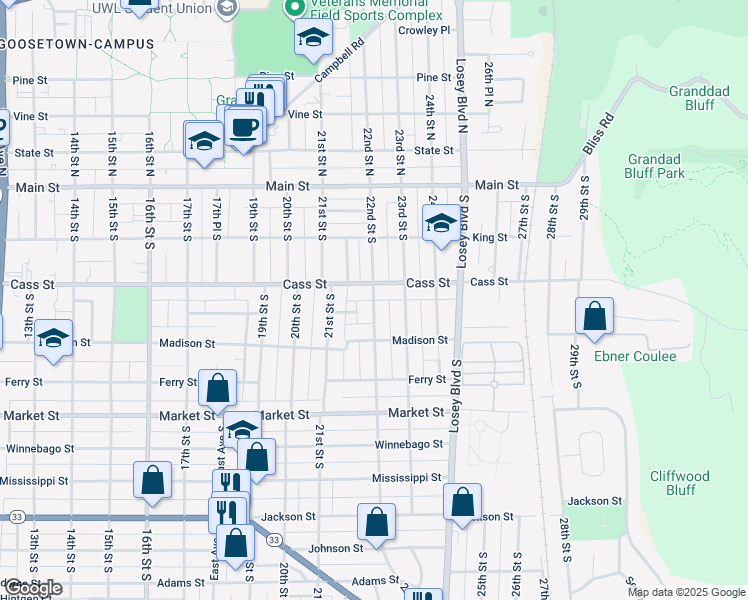 map of restaurants, bars, coffee shops, grocery stores, and more near 319 22nd Street South in La Crosse