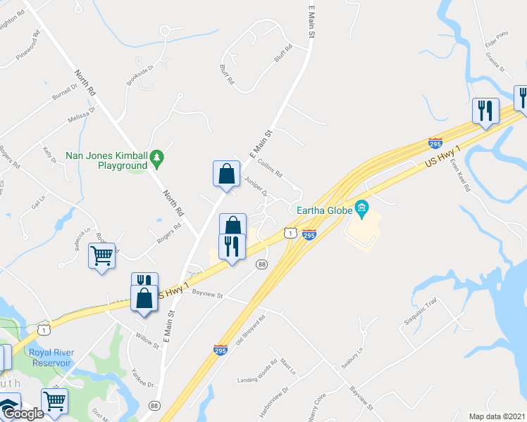 map of restaurants, bars, coffee shops, grocery stores, and more near 58 Juniper Ledge in Yarmouth
