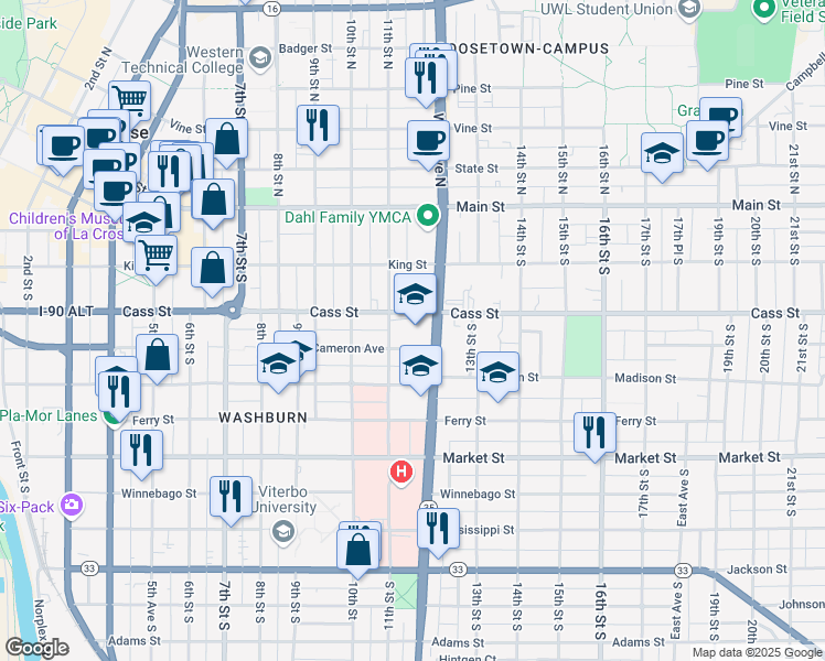 map of restaurants, bars, coffee shops, grocery stores, and more near 315 11th Street South in La Crosse
