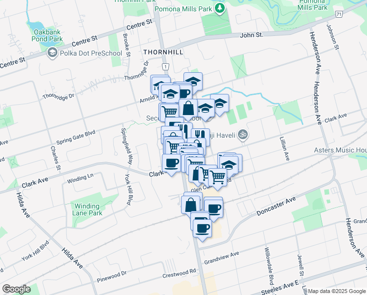 map of restaurants, bars, coffee shops, grocery stores, and more near 7411 Yonge Street in Markham