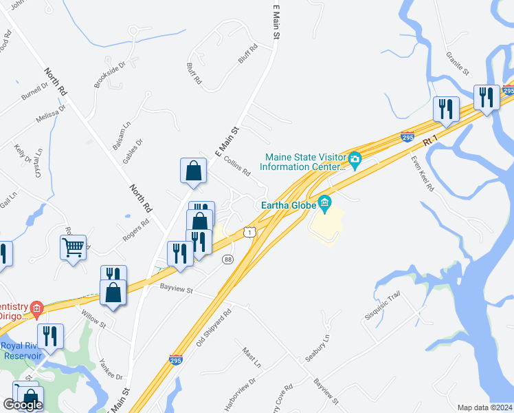 map of restaurants, bars, coffee shops, grocery stores, and more near 28 Juniper Ledge in Yarmouth