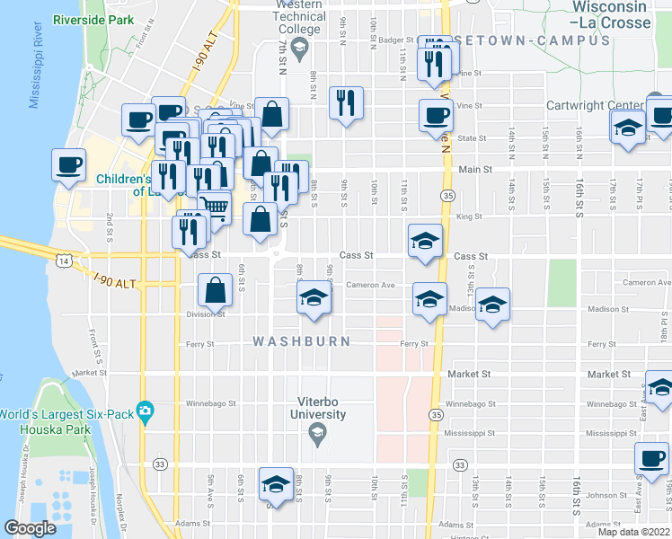 map of restaurants, bars, coffee shops, grocery stores, and more near 315 9th Street South in La Crosse