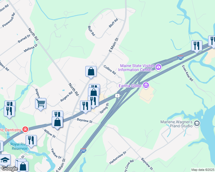 map of restaurants, bars, coffee shops, grocery stores, and more near 1 Juniper Drive in Yarmouth